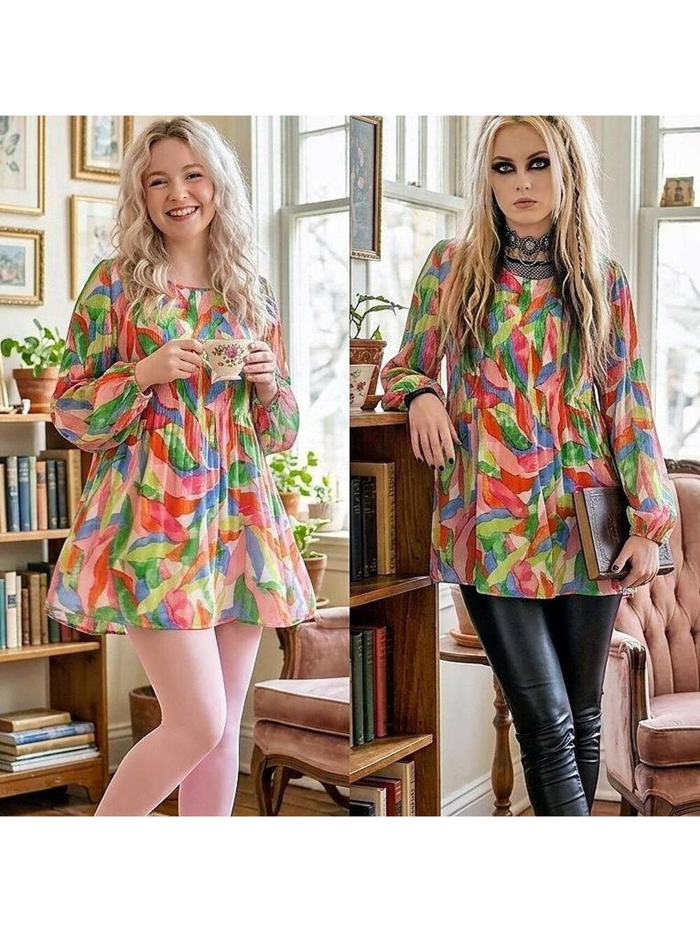 Multicoloured long sleeve dmini-dress with a flowy fit 142
